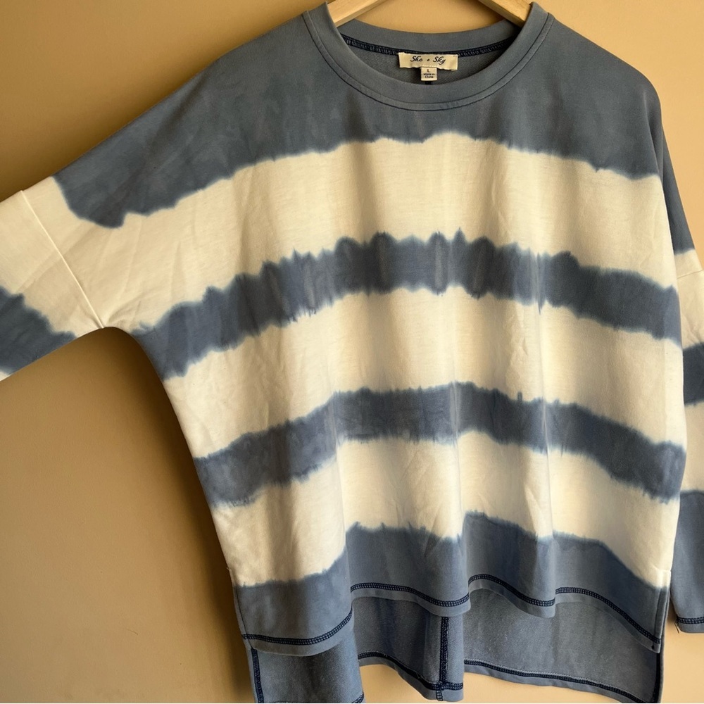 She + Sky Blue and White Long Sleeve Crewneck Top - Picture 2 of 5